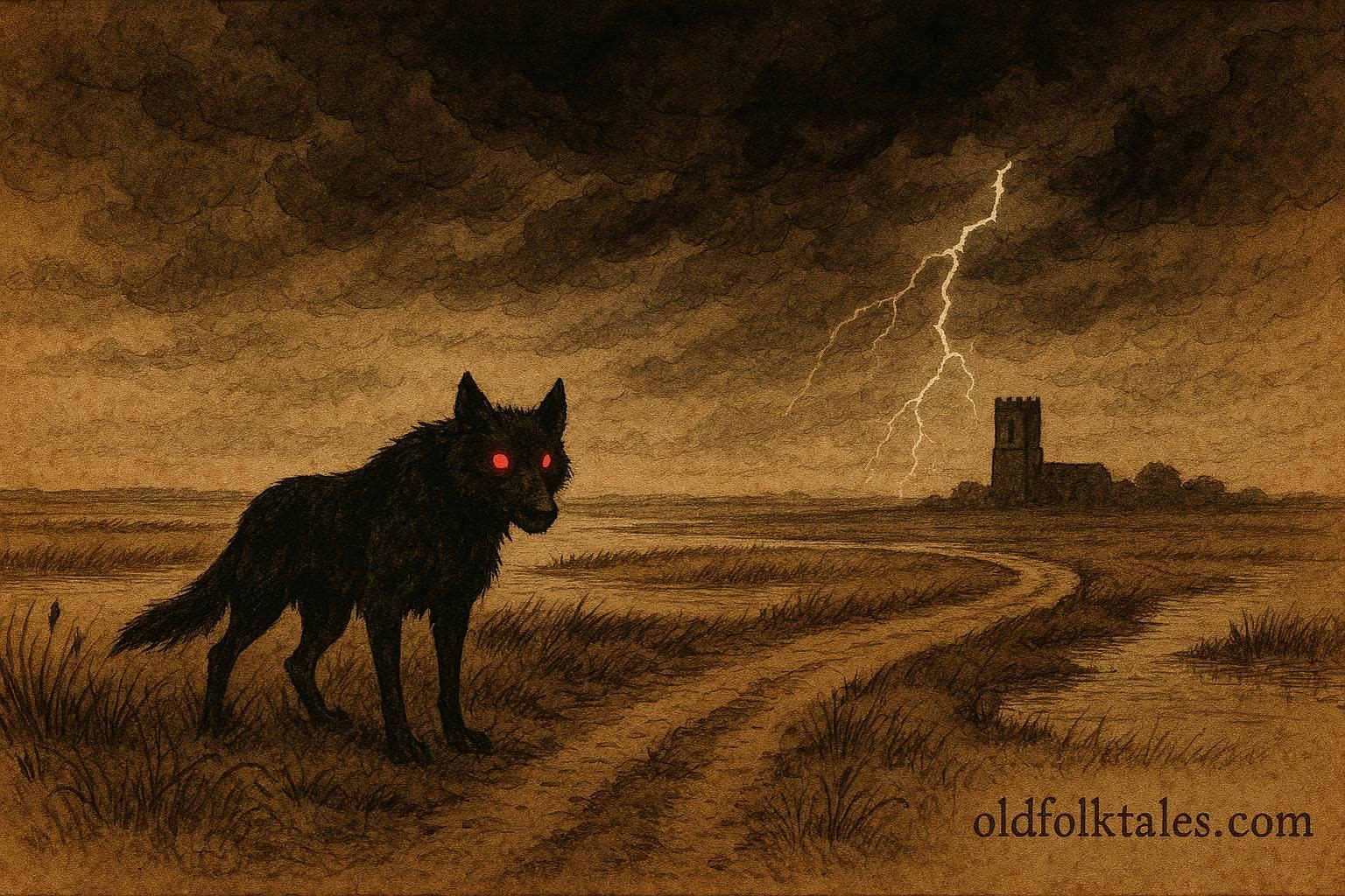 An artwork of Black Shuck ghost dog in East Anglia, England.