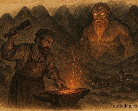 An artwork of Bosnian blacksmith facing glowing mountain djinn at forge, folklore scene.