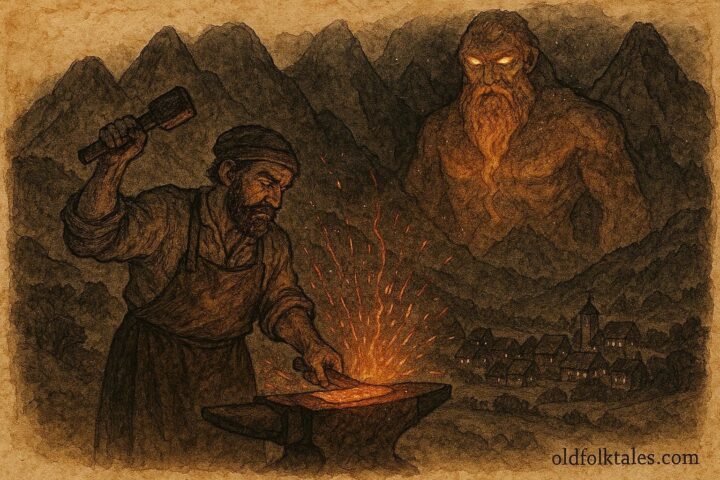 An artwork of Bosnian blacksmith facing glowing mountain djinn at forge, folklore scene.