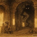 An artwork of a boy drawing cats inside a temple, Romanian folktale scene.