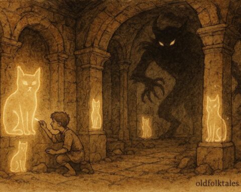 An artwork of a boy drawing cats inside a temple, Romanian folktale scene.