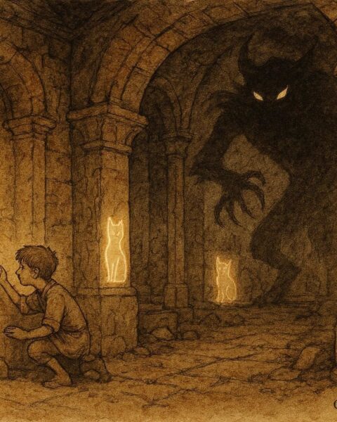 An artwork of a boy drawing cats inside a temple, Romanian folktale scene.