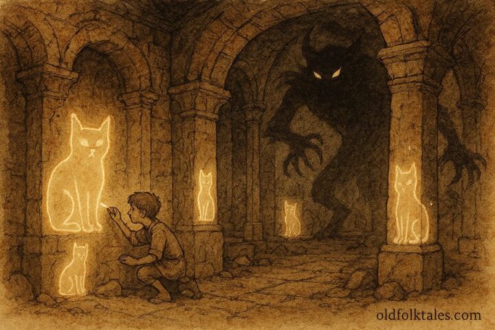 An artwork of a boy drawing cats inside a temple, Romanian folktale scene.