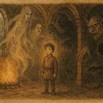 Parchment-style illustration of a fearless boy facing ghosts in a Norwegian folktale.