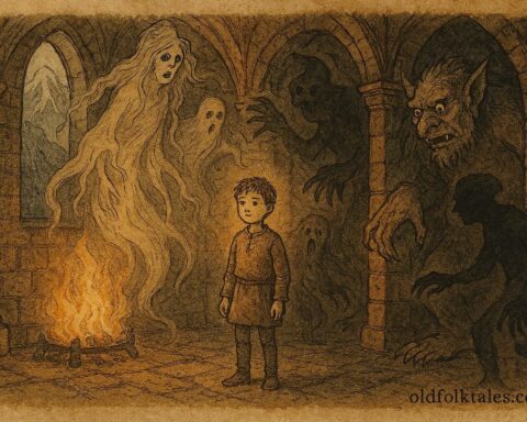 Parchment-style illustration of a fearless boy facing ghosts in a Norwegian folktale.