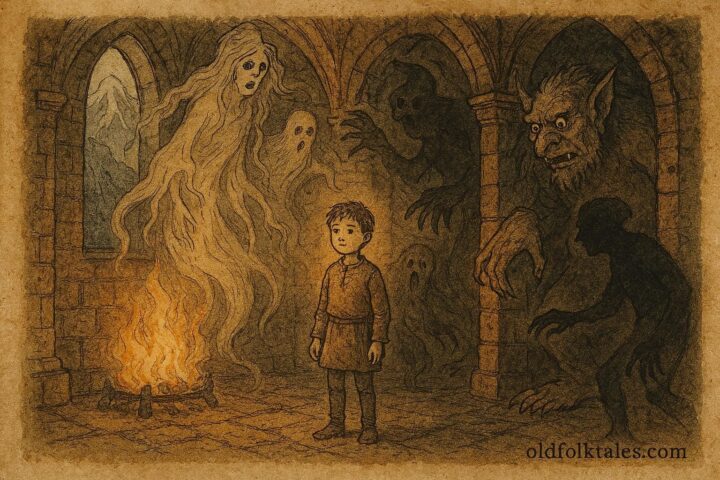Parchment-style illustration of a fearless boy facing ghosts in a Norwegian folktale.