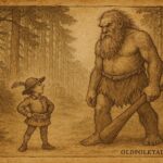 Parchment-style illustration of tailor facing giant in German forest.