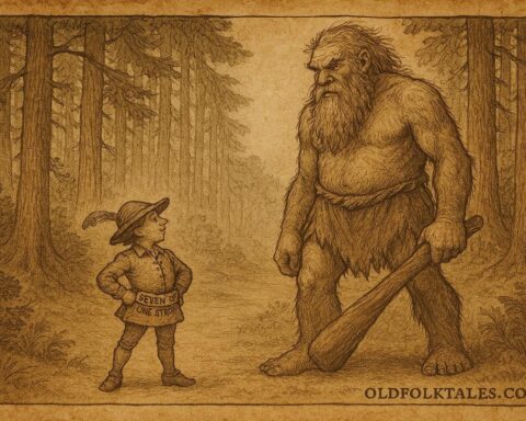 Parchment-style illustration of tailor facing giant in German forest.