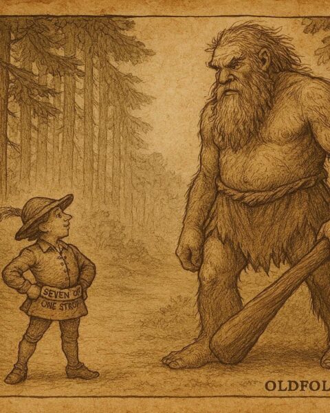 Parchment-style illustration of tailor facing giant in German forest.