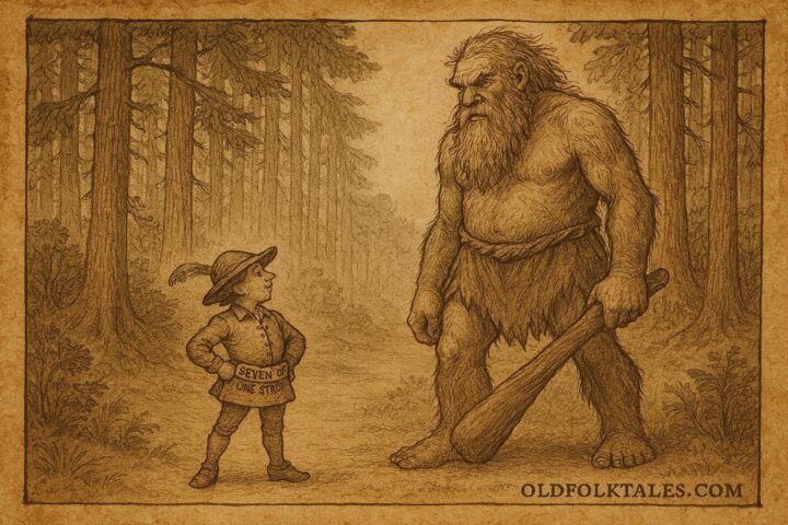 Parchment-style illustration of tailor facing giant in German forest.