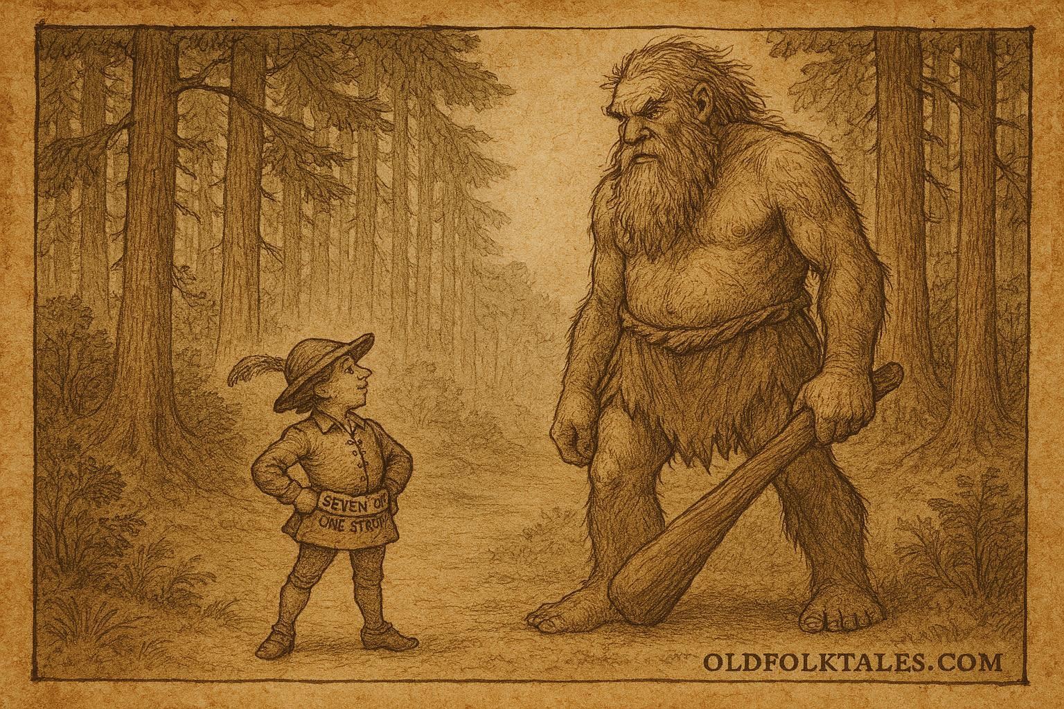Parchment-style illustration of tailor facing giant in German forest.