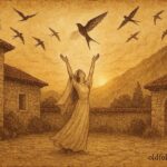 An illustration of Albanian bride transforming into swallow above stone house.