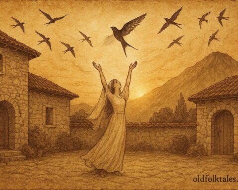 An illustration of Albanian bride transforming into swallow above stone house.