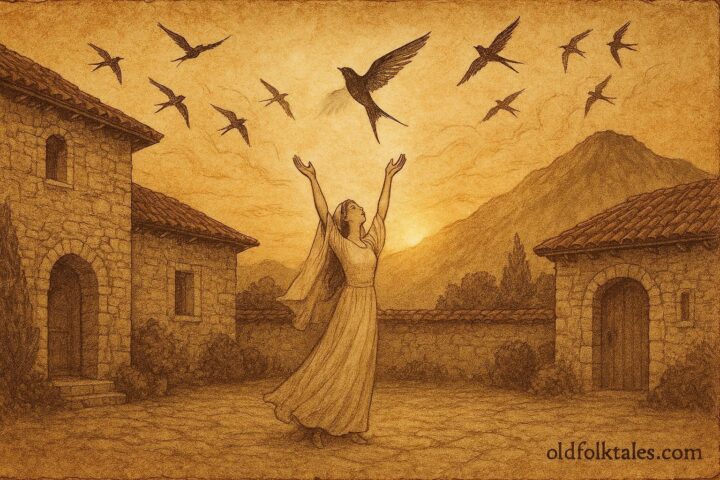 An illustration of Albanian bride transforming into swallow above stone house.