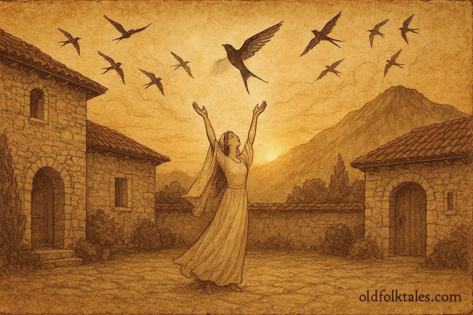 An illustration of Albanian bride transforming into swallow above stone house.