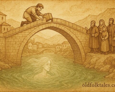 An illustration of young mason building stone bridge over Neretva in Bosnia.