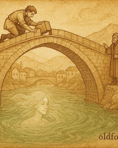 An illustration of young mason building stone bridge over Neretva in Bosnia.