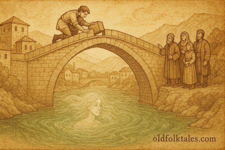 An illustration of young mason building stone bridge over Neretva in Bosnia.
