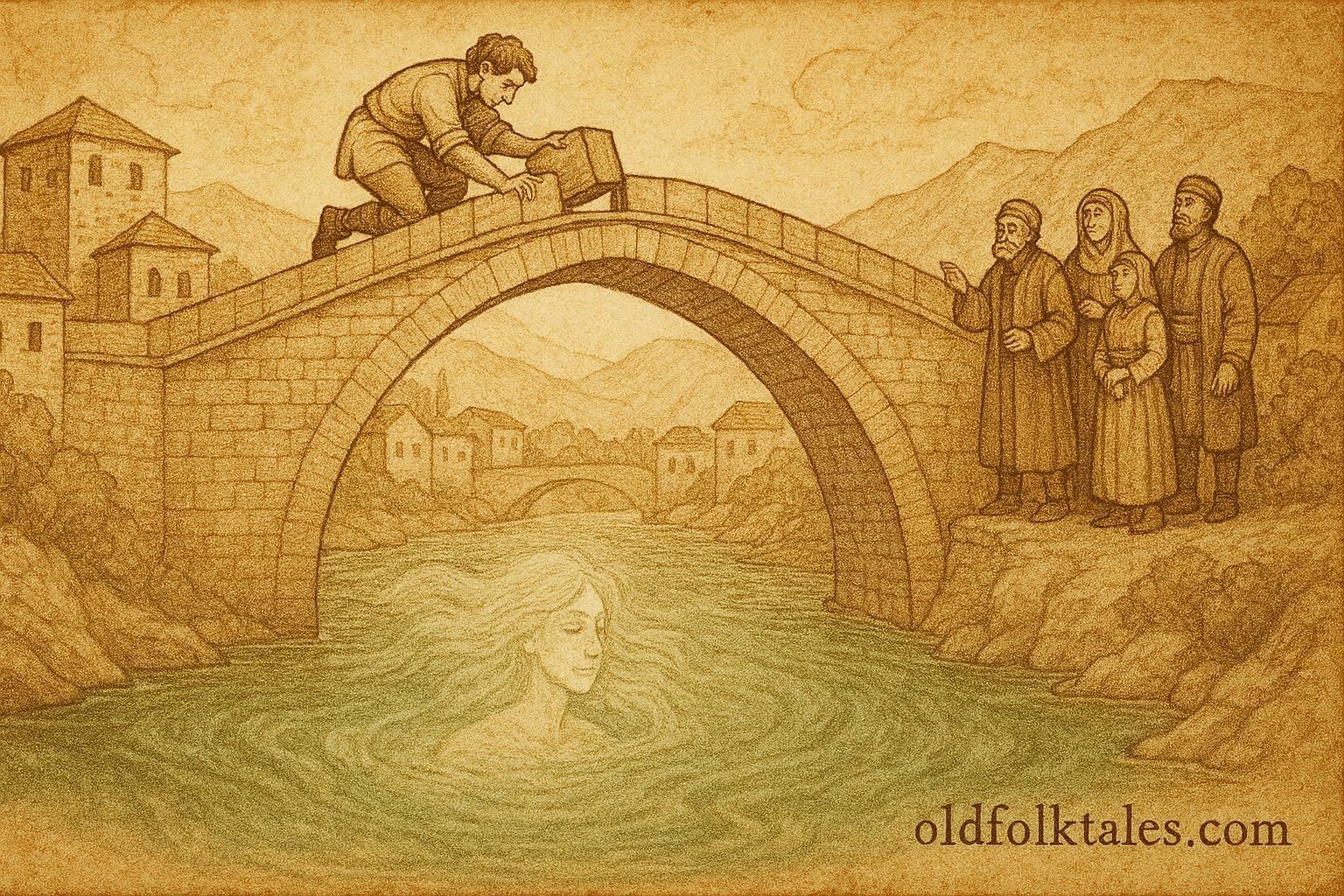 An illustration of young mason building stone bridge over Neretva in Bosnia.