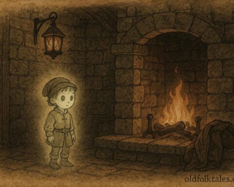 Ghostly stable boy near a hearth inside Hylton Castle, English folklore scene of kindness ending a haunting.