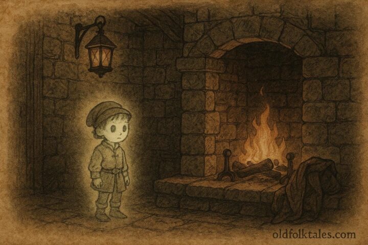 Ghostly stable boy near a hearth inside Hylton Castle, English folklore scene of kindness ending a haunting.