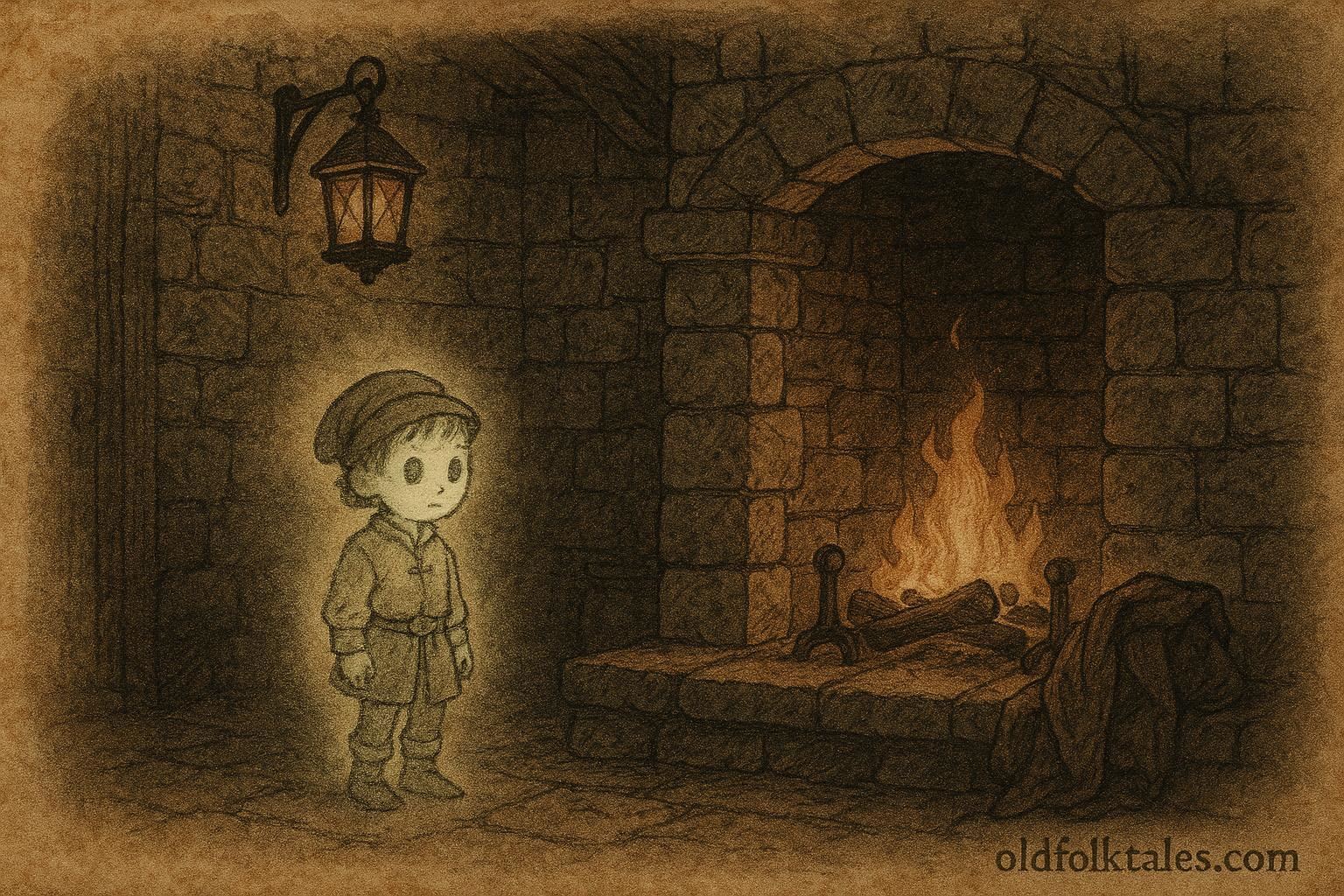 Ghostly stable boy near a hearth inside Hylton Castle, English folklore scene of kindness ending a haunting.
