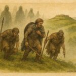 An artwork of three Celtic warriors on sacred hill, Irish myth scene.