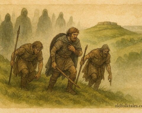 An artwork of three Celtic warriors on sacred hill, Irish myth scene.