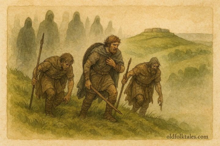 An artwork of three Celtic warriors on sacred hill, Irish myth scene.