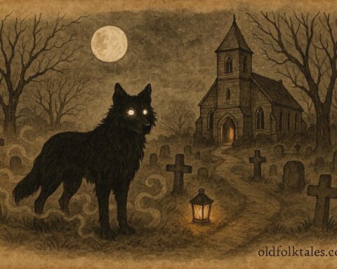 Parchment-style illustration of the Church Grim guarding a Scandinavian churchyard at night.