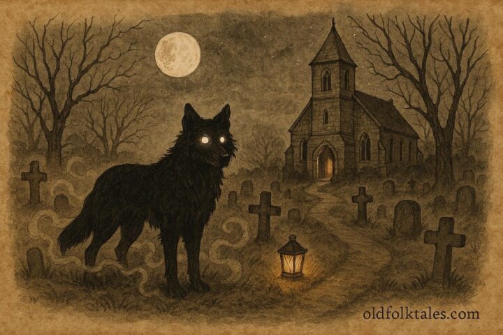 Parchment-style illustration of the Church Grim guarding a Scandinavian churchyard at night.