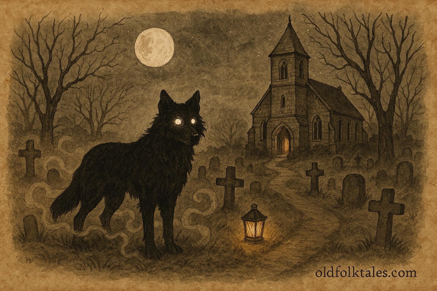 Parchment-style illustration of the Church Grim guarding a Scandinavian churchyard at night.