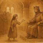 An illustration of a clever peasant girl advising a king, Italian folktale scene.