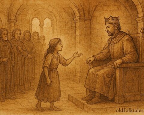 An illustration of a clever peasant girl advising a king, Italian folktale scene.