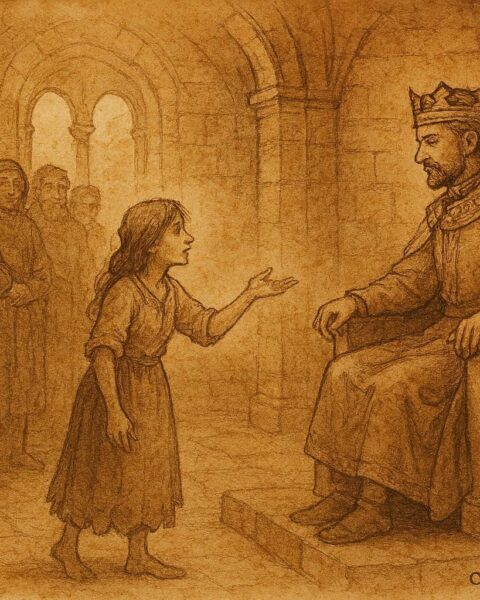 An illustration of a clever peasant girl advising a king, Italian folktale scene.