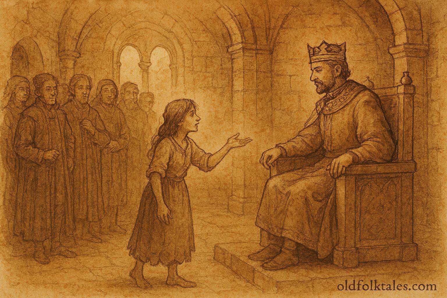 An illustration of a clever peasant girl advising a king, Italian folktale scene.
