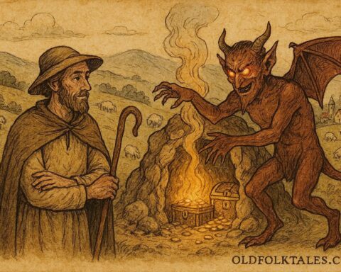 Parchment-style illustration of Albanian shepherd outwitting devil in forest, southern Albanian folktale.