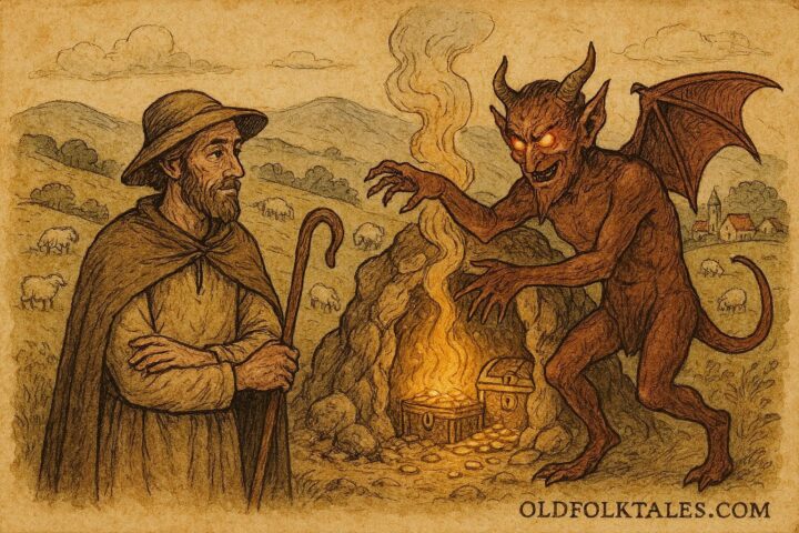 Parchment-style illustration of Albanian shepherd outwitting devil in forest, southern Albanian folktale.
