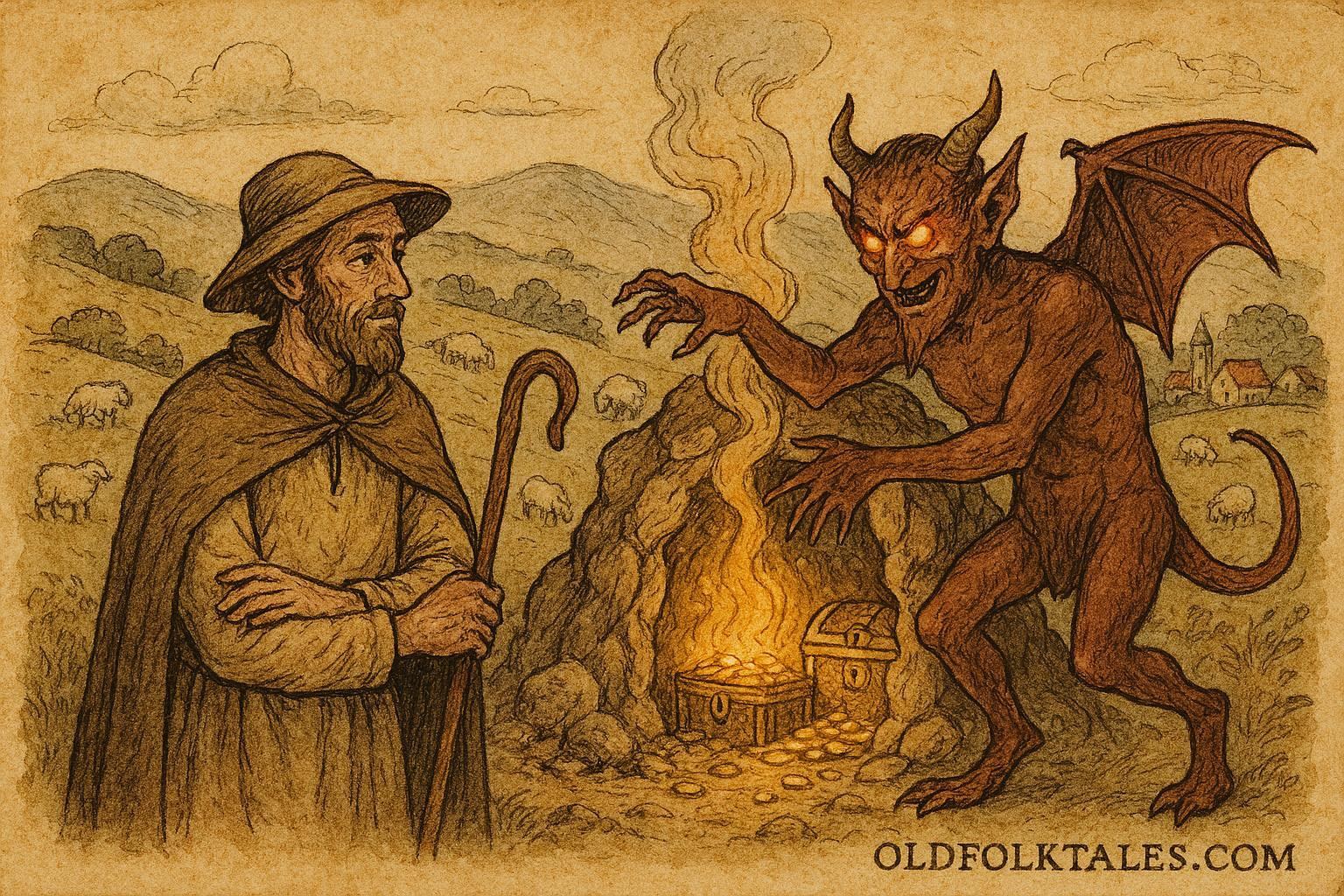 Parchment-style illustration of Albanian shepherd outwitting devil in forest, southern Albanian folktale.
