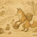 An illustration of a clever fox redistributing food from a greedy wolf, Hungarian fable scene.