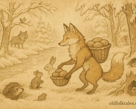An illustration of a clever fox redistributing food from a greedy wolf, Hungarian fable scene.