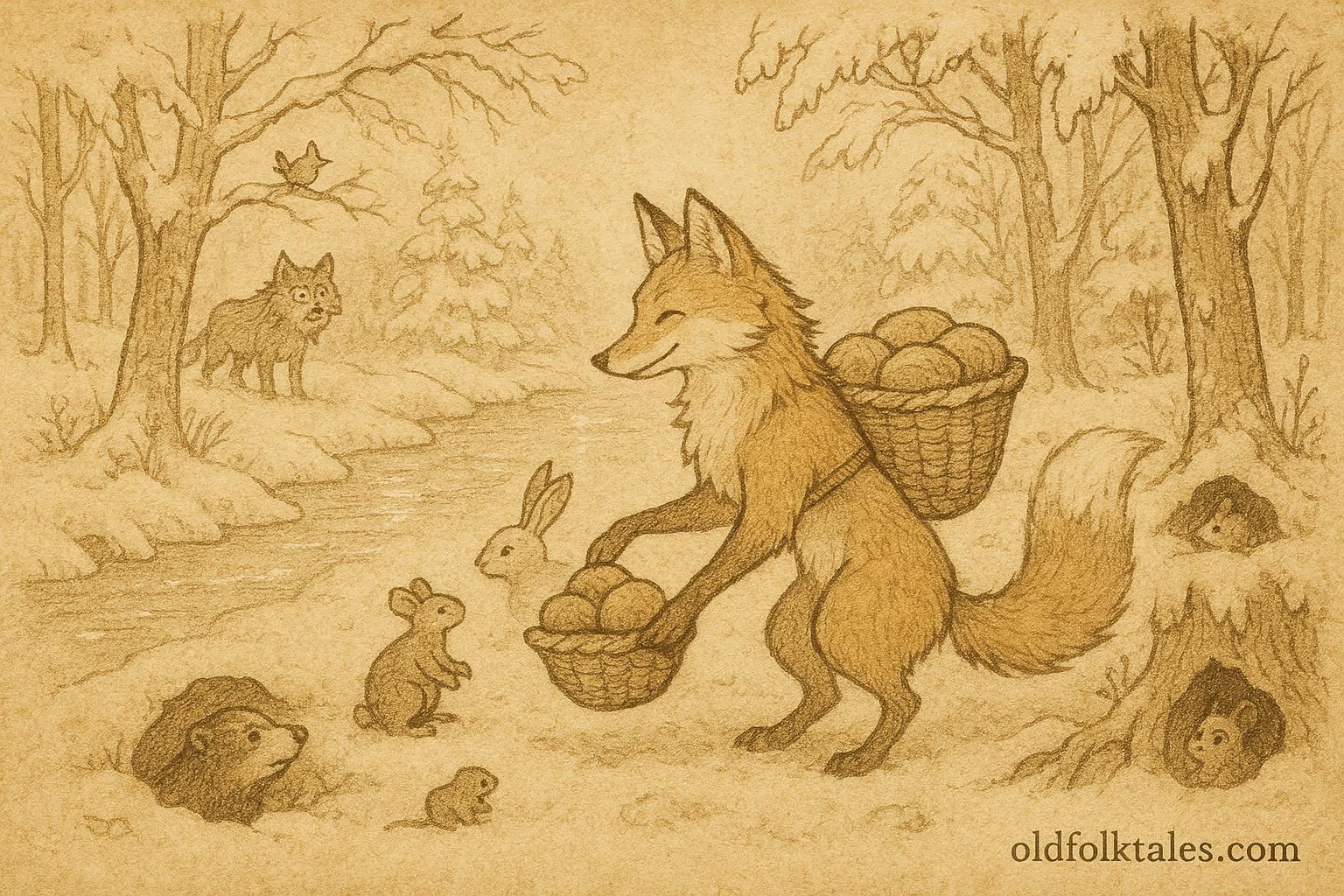 An illustration of a clever fox redistributing food from a greedy wolf, Hungarian fable scene.
