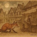 An illustration of a clever fox outwitting a merchant in a French village, 17th-century folktale scene.