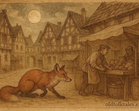 An illustration of a clever fox outwitting a merchant in a French village, 17th-century folktale scene.