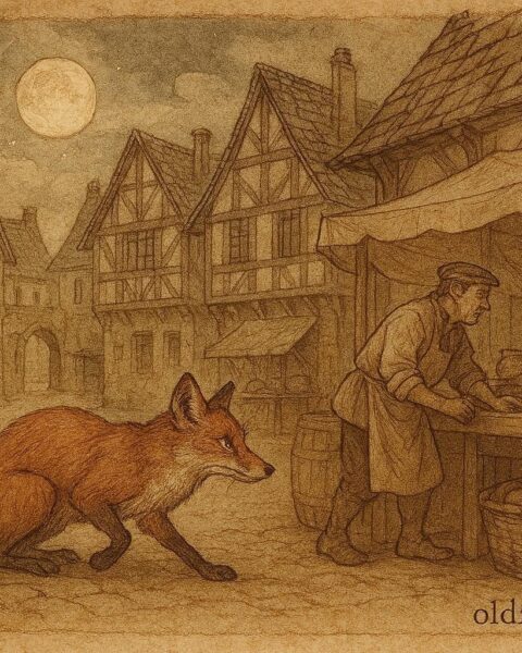 An illustration of a clever fox outwitting a merchant in a French village, 17th-century folktale scene.