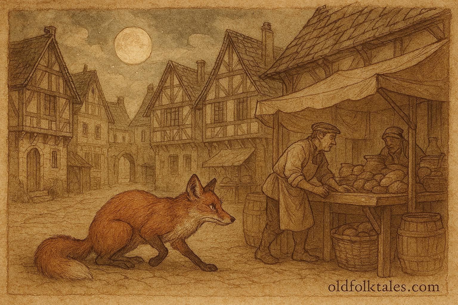 An illustration of a clever fox outwitting a merchant in a French village, 17th-century folktale scene.