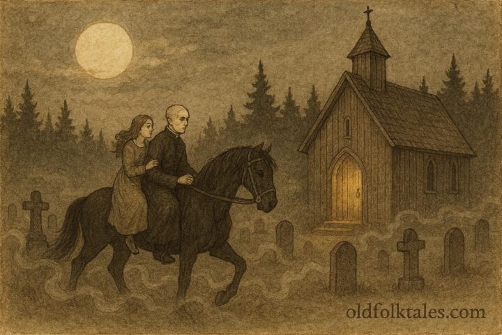 An illustration of ghostly deacon and woman near Swedish churchyard.