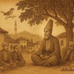 An illustration of Bosnian dervish beneath fig tree with talking nightingale.