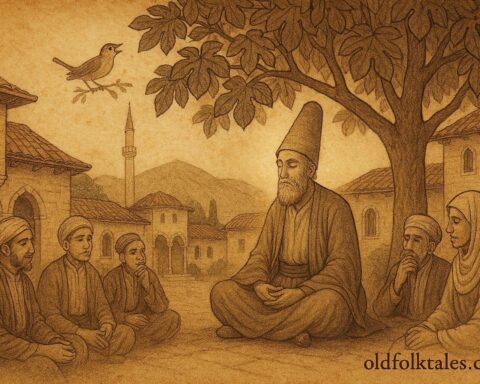 An illustration of Bosnian dervish beneath fig tree with talking nightingale.