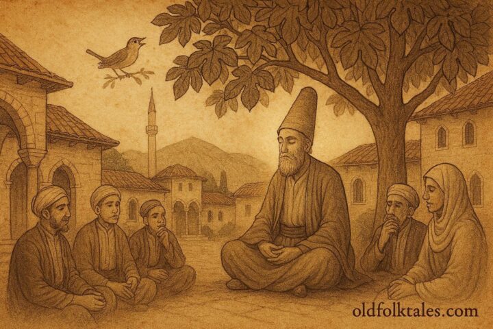 An illustration of Bosnian dervish beneath fig tree with talking nightingale.